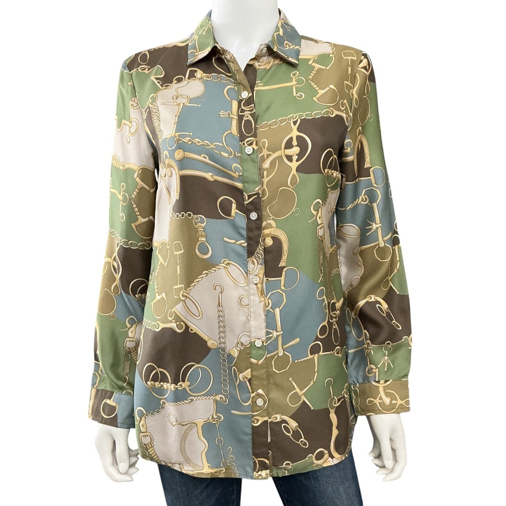 J.McLaughlin Blouse Women S Green Silk Blend Equestrian Chain Print Button Up